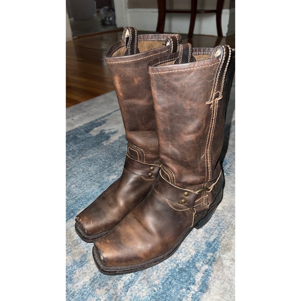 Vintage Frye Harness 12R Boots Women's Dark Brown Leather Square Engineer